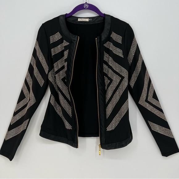 Carmin Womens Top or Jacket Gold Studded Vegan Leather Trim Full Zip Long Sleeve - Picture 5 of 15